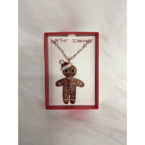 New Betsey Johnson Gingerbread Man Santa Claus Glitter Holiday Pendant Necklace - Picture 1 of 6